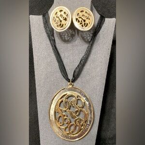 Vintage oval Gold & Silver tone pierced Earrings with Matching Pendant Necklace